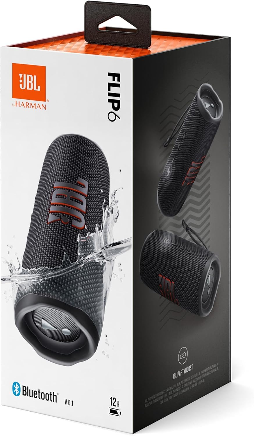 JBL Flip 6 portable speaker packaging box with black speaker shown