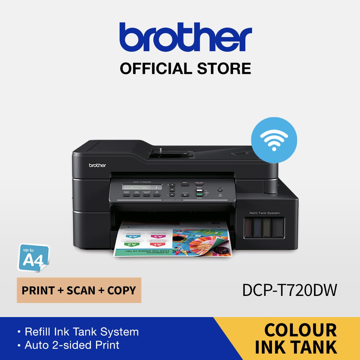 Brother wireless all-in-one ink tank printer showing control panel, output tray, and ink tanks