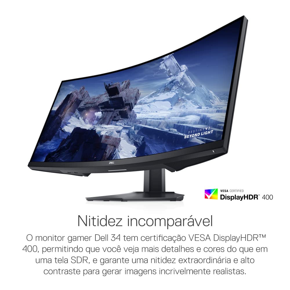 Black curved gaming monitor angled view, with center stand and game scene on screen