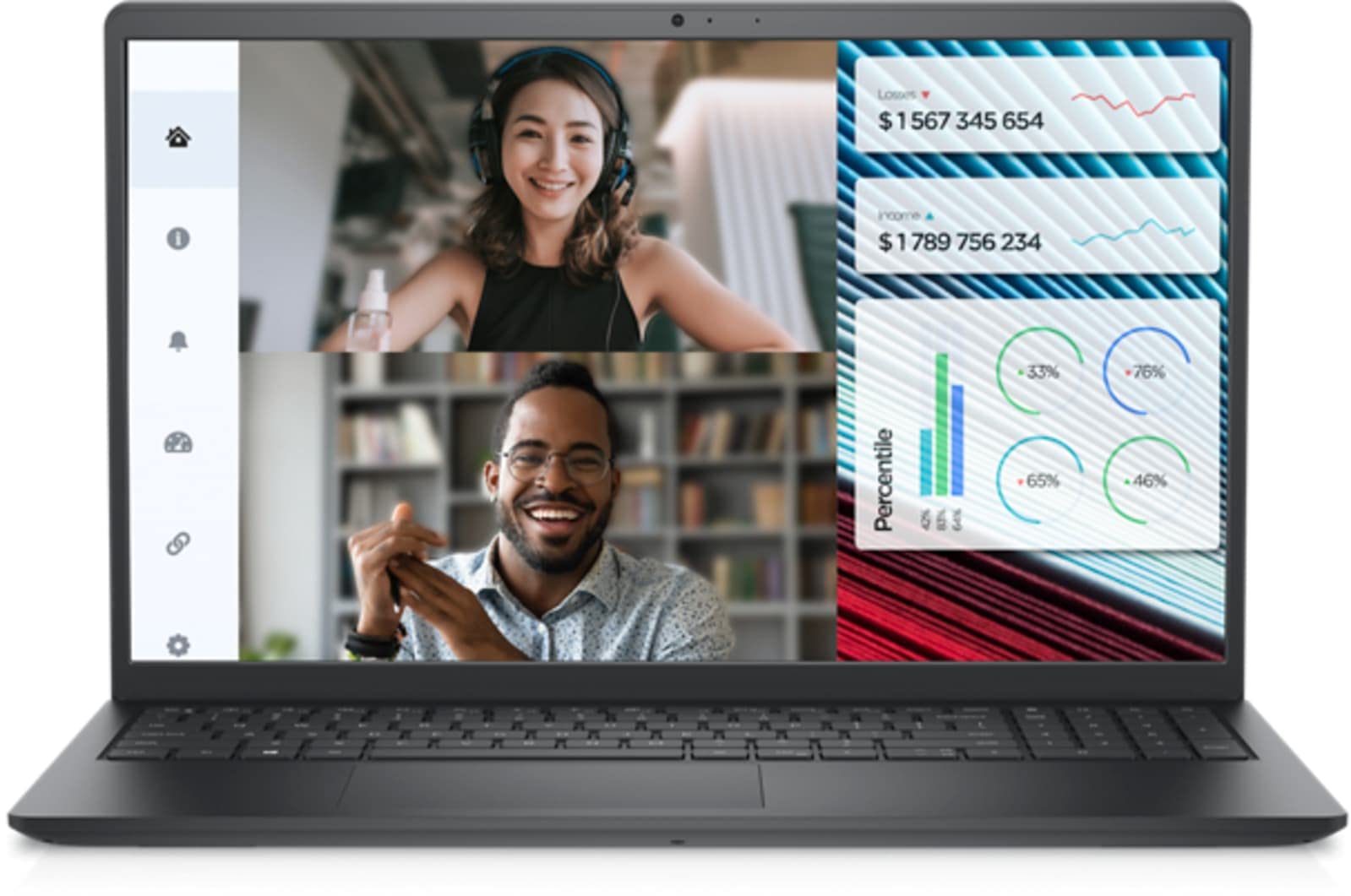 Dell Vostro laptop front view with keyboard and meeting video on screen