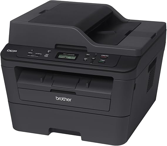 Black Brother monochrome laser multifunction printer, front top view with output slot