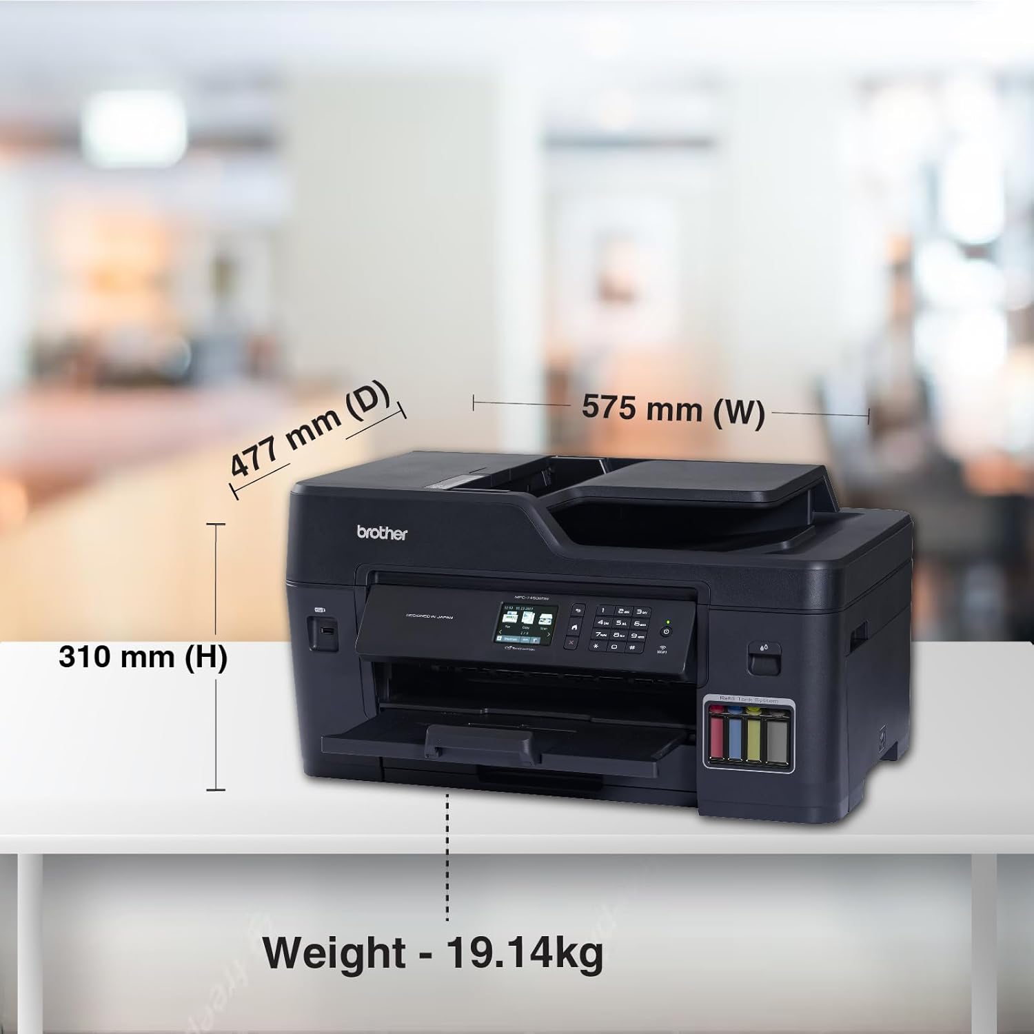 Compact ink tank multi-function printer front with control panel and colored ink windows