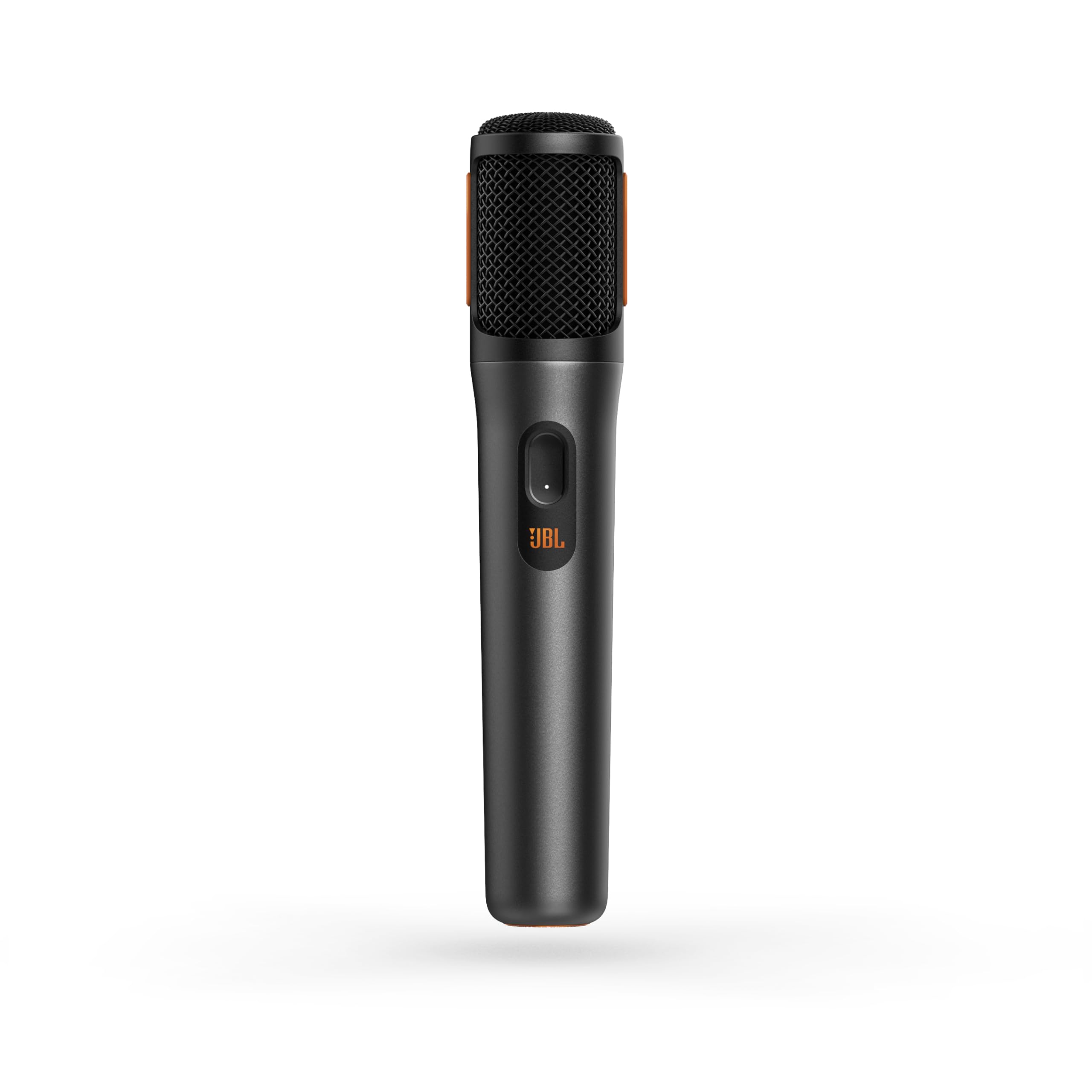 Black handheld dynamic microphone with wire-mesh top and orange accent band