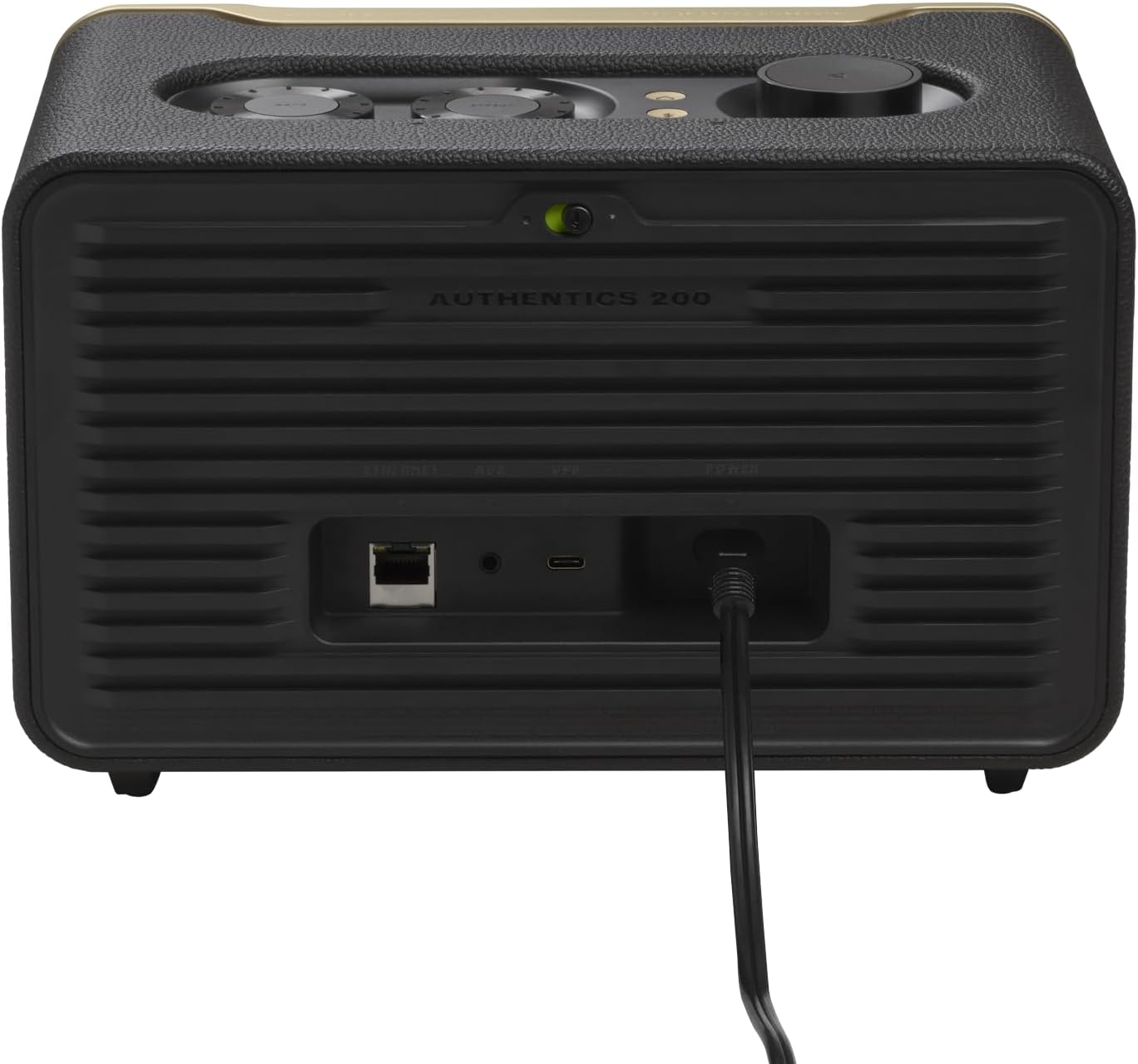 JBL smart home speaker rear ports panel with visible inputs and indicator light