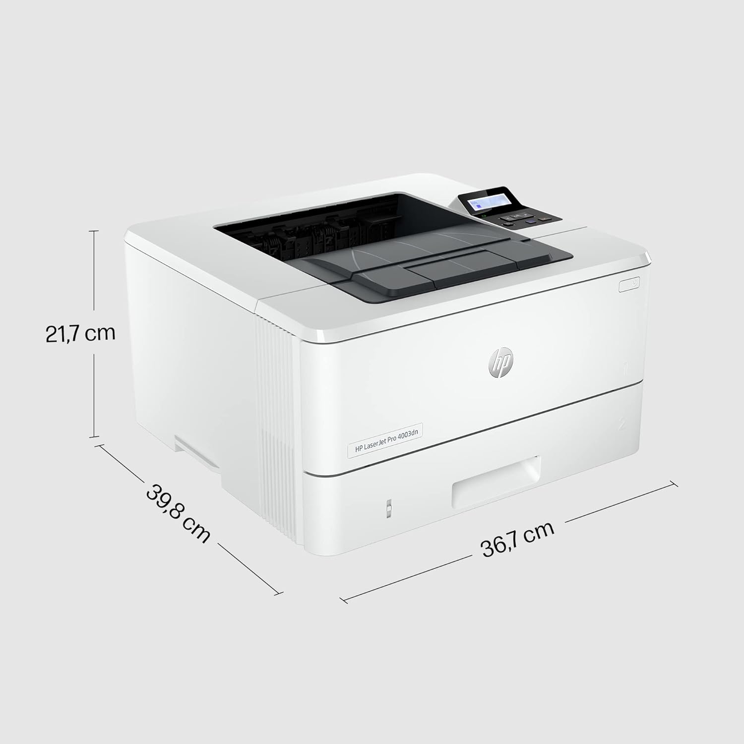 White HP LaserJet Pro laser printer, top open with visible size markers and dimensions