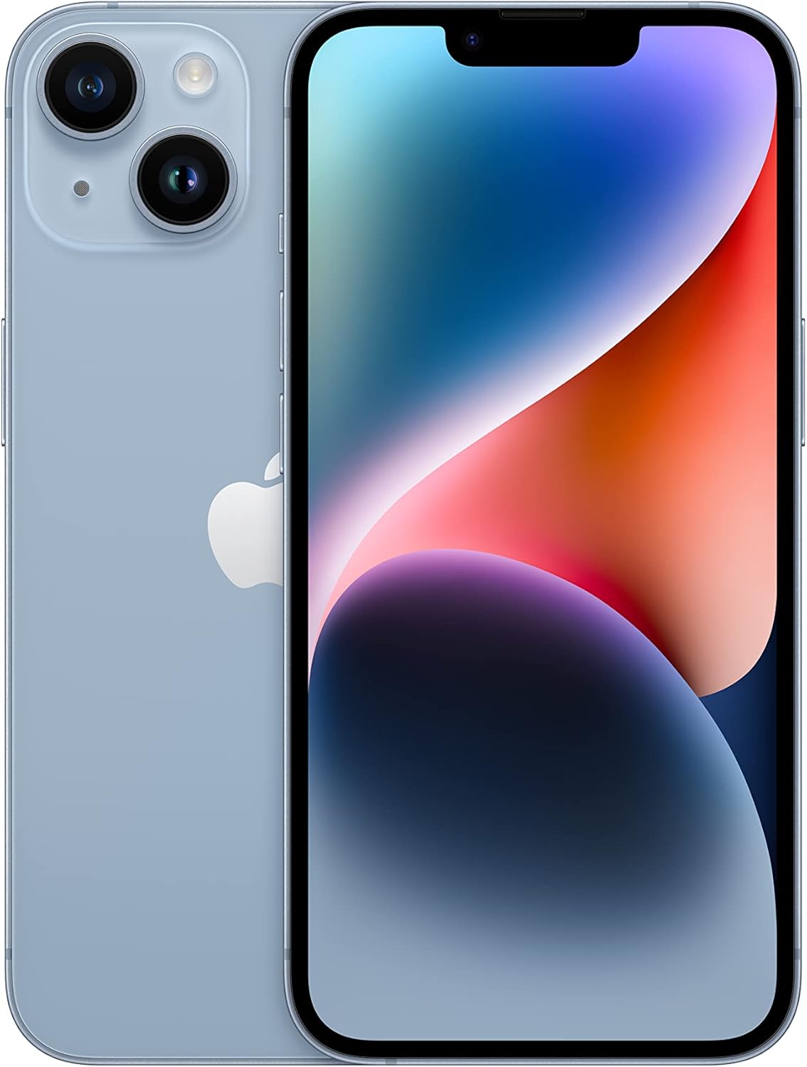 Smartphone with light blue back and dual rear cameras, front display with blue and red wallpaper