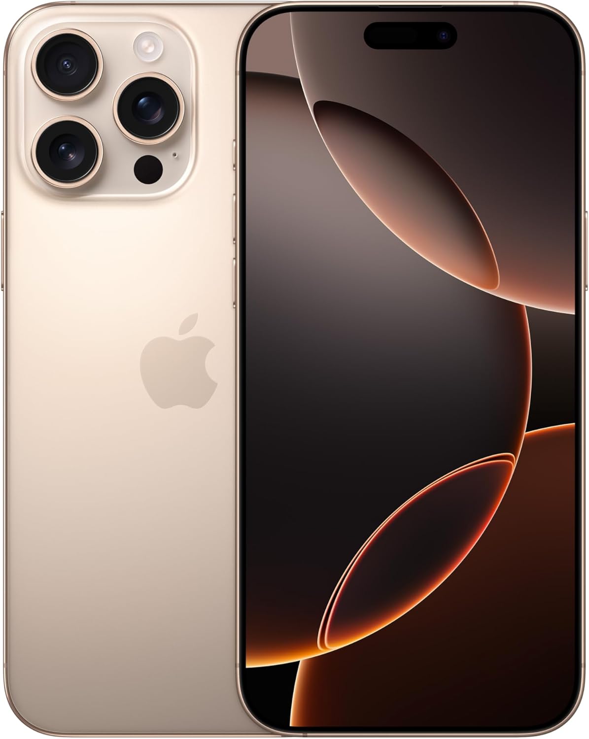 iPhone 16 Pro Max phone in desert titanium, front and back view with triple camera array