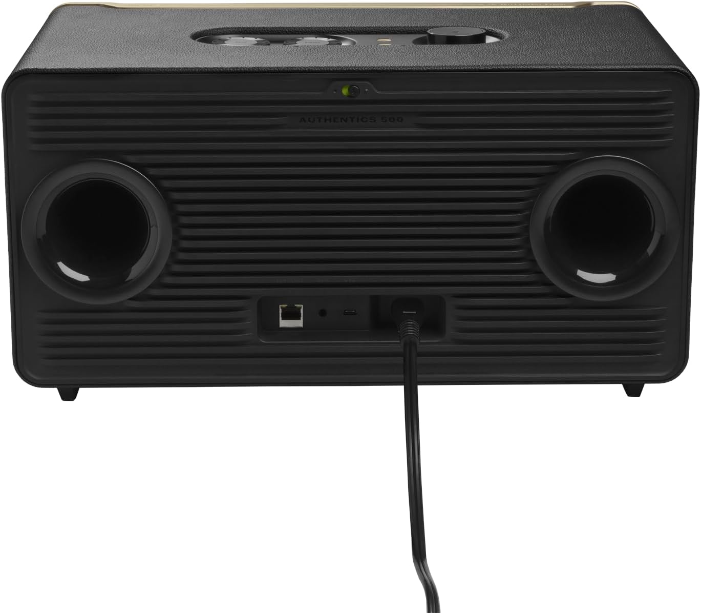 Black speaker front grille with two large circular drivers and rear ports panel