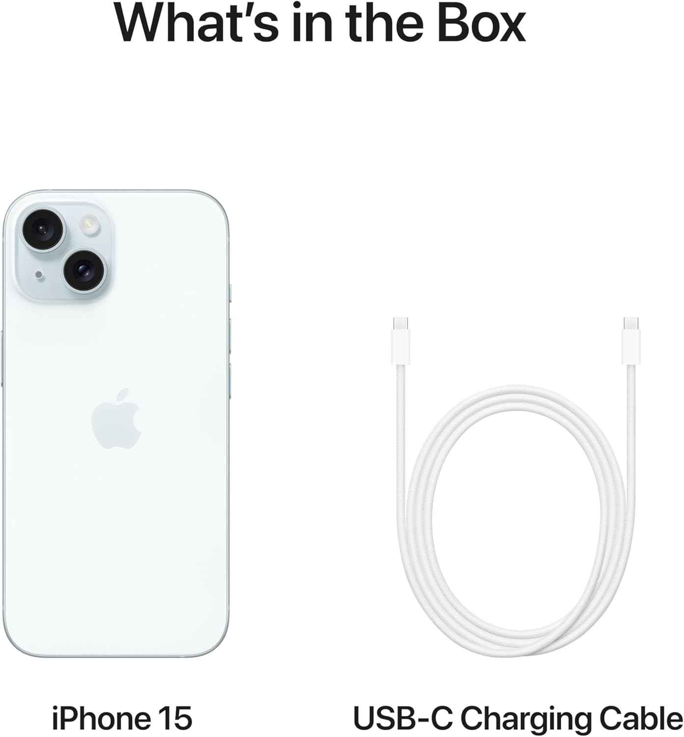 Apple iPhone 15 and USB-C charging cable, phone back shown