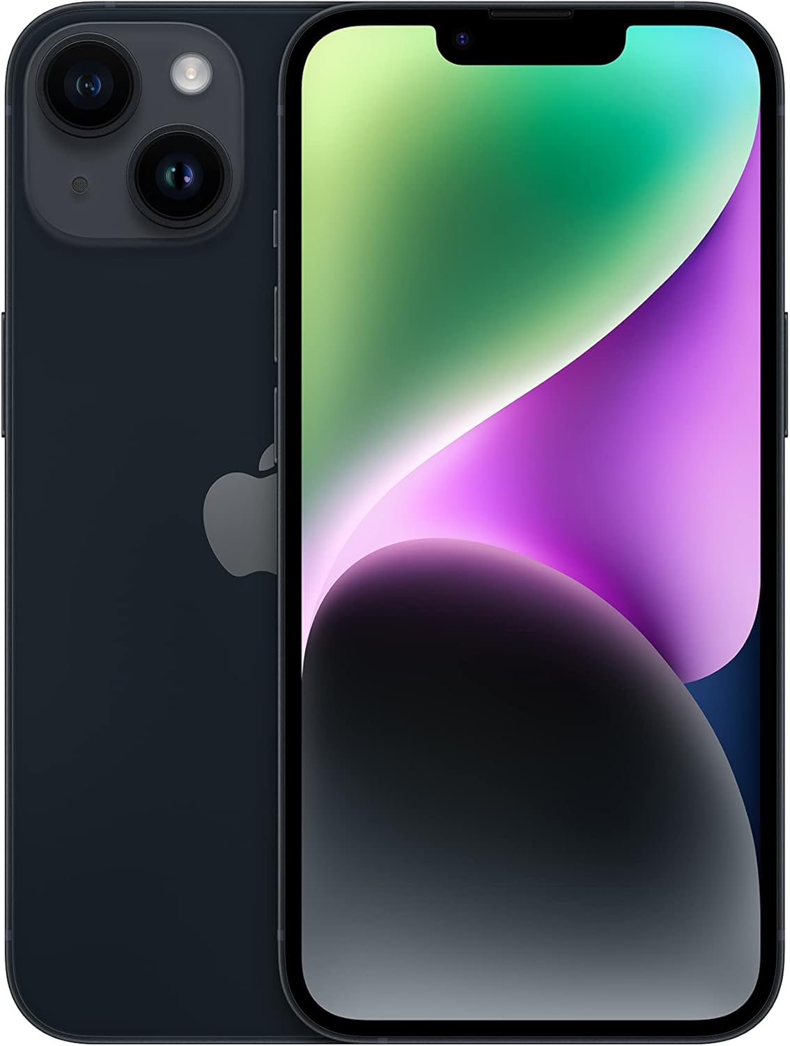 Apple iPhone 14 Plus smartphone in Midnight, front and back view, dual rear cameras