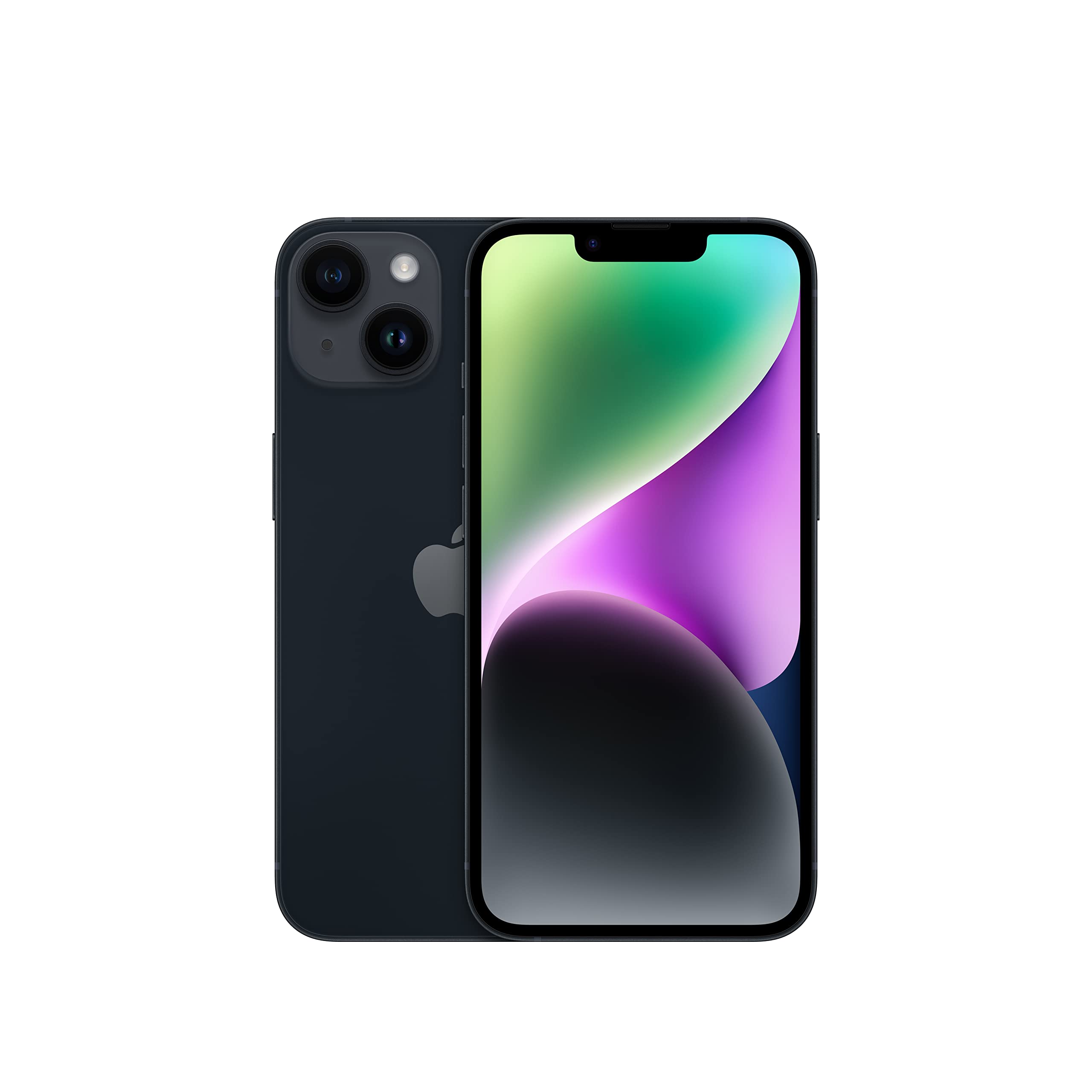 Apple iPhone 14 Plus smartphone in Midnight, front and back view, slim profile