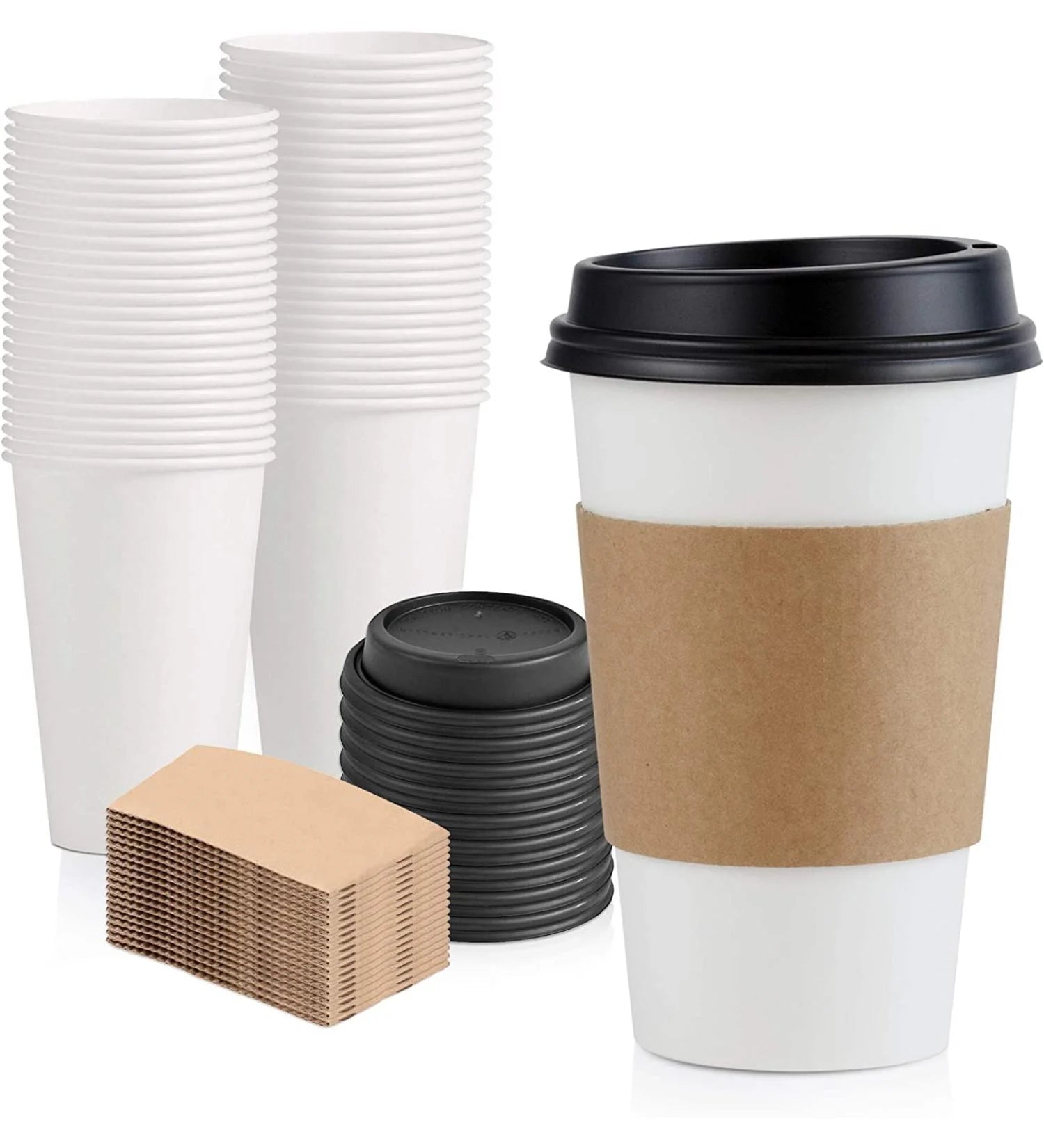 Disposable coffee cups with kraft sleeves and black lids, white paper