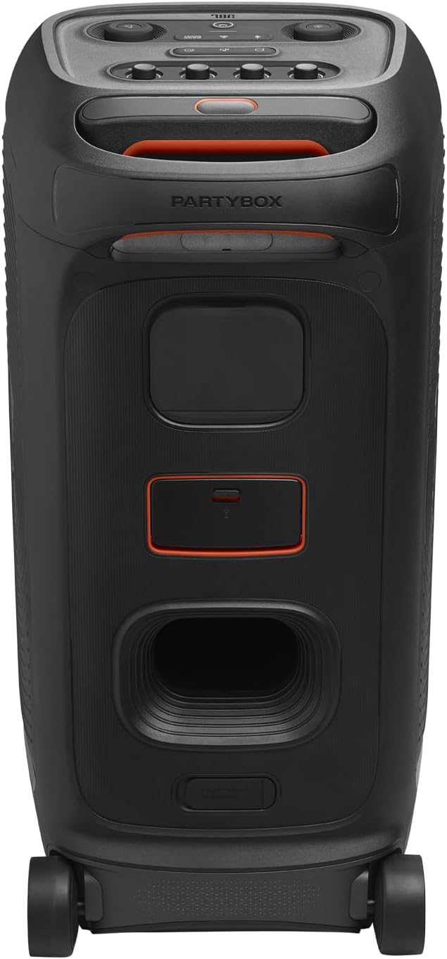 Black JBL PartyBox portable speaker rear panel with control buttons and port area