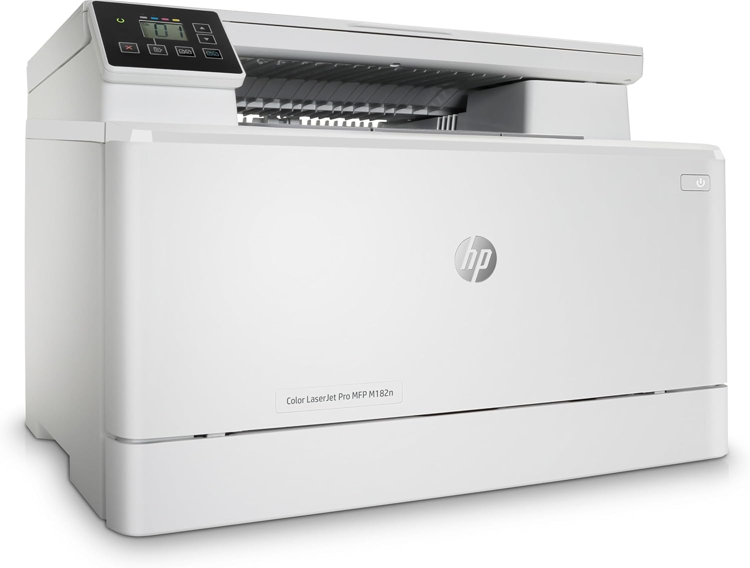 HP Color LaserJet Pro MFP M182n printer with open paper feed and control panel