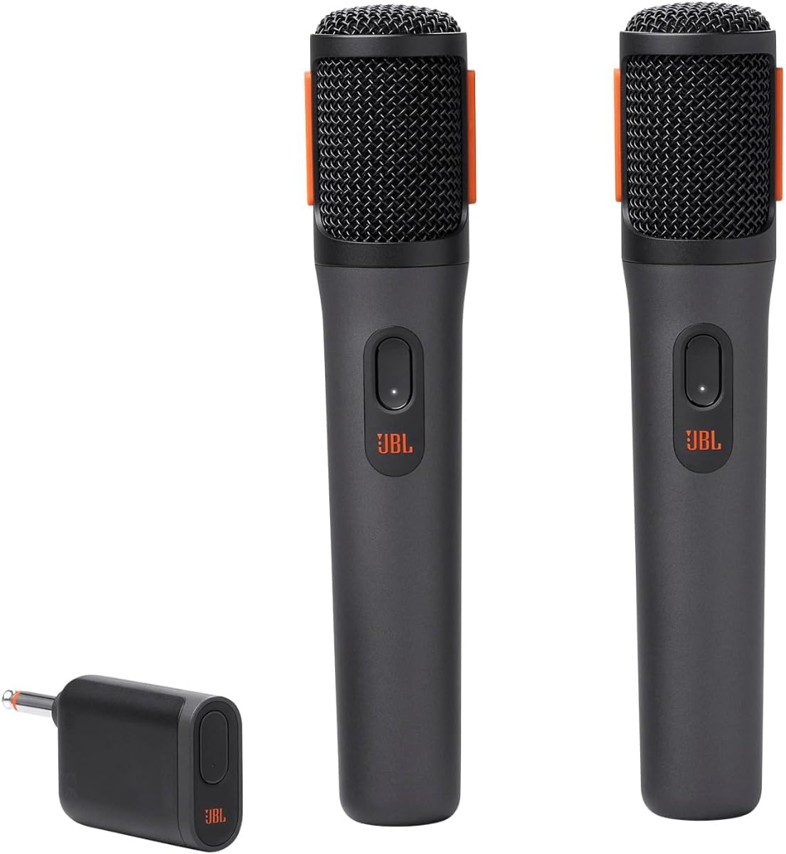 Two JBL wireless handheld microphones with black mesh heads and orange accent bands