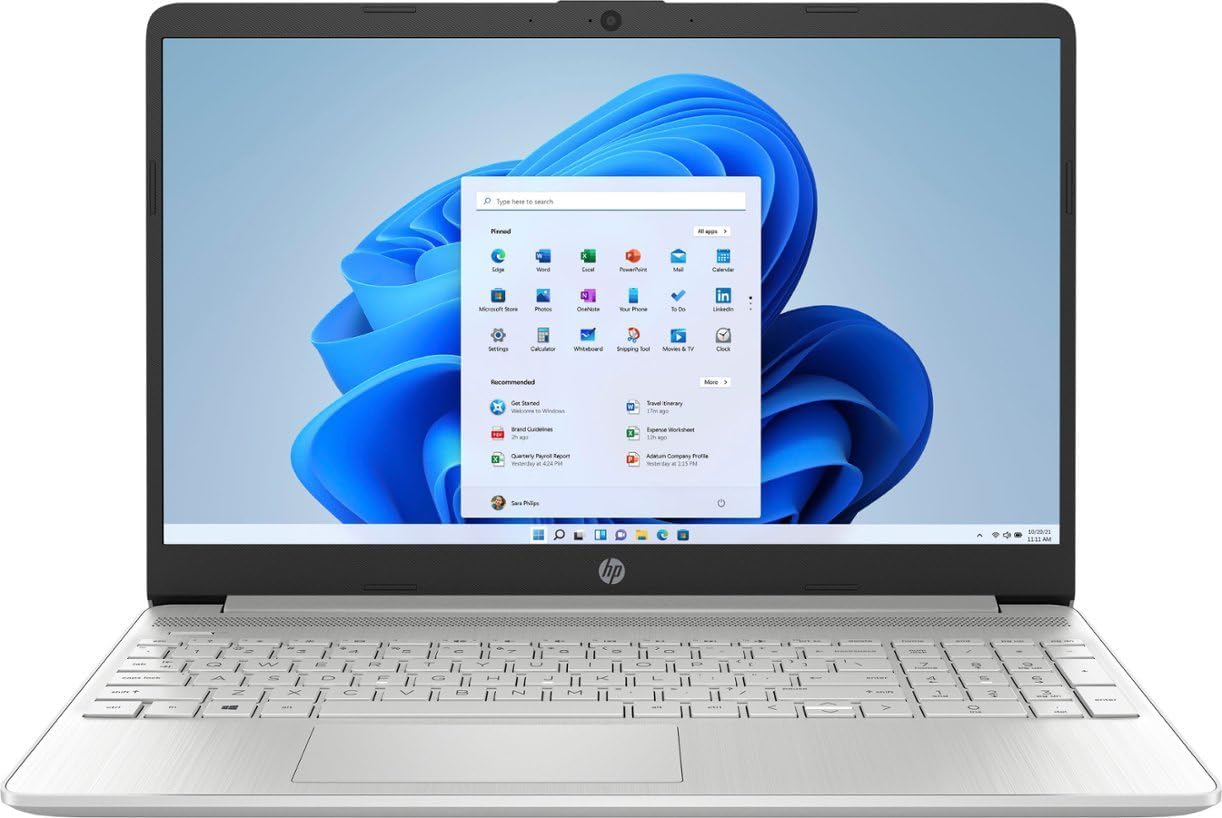 HP 15s business laptop, front view with open display and white keys