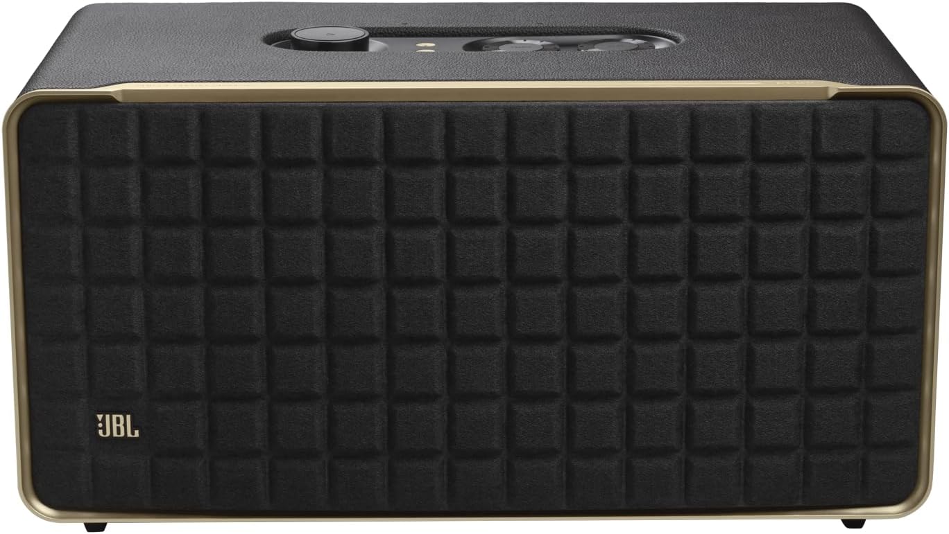 Black smart speaker front panel with textured grille and JBL logo on lower left