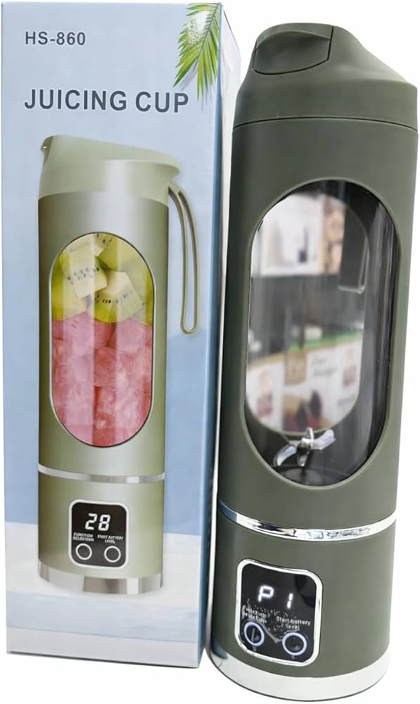 Electric juicing cup with clear mixing chamber and control panel, olive green body.