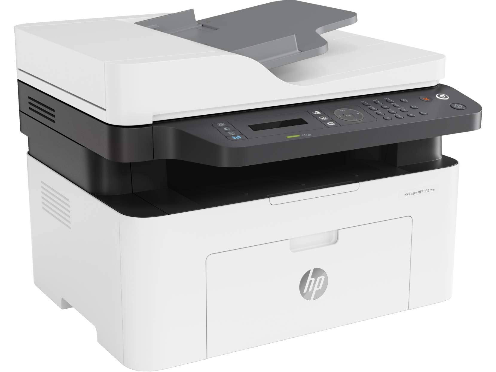 HP monochrome laser MFP with front cover, control panel, and output tray