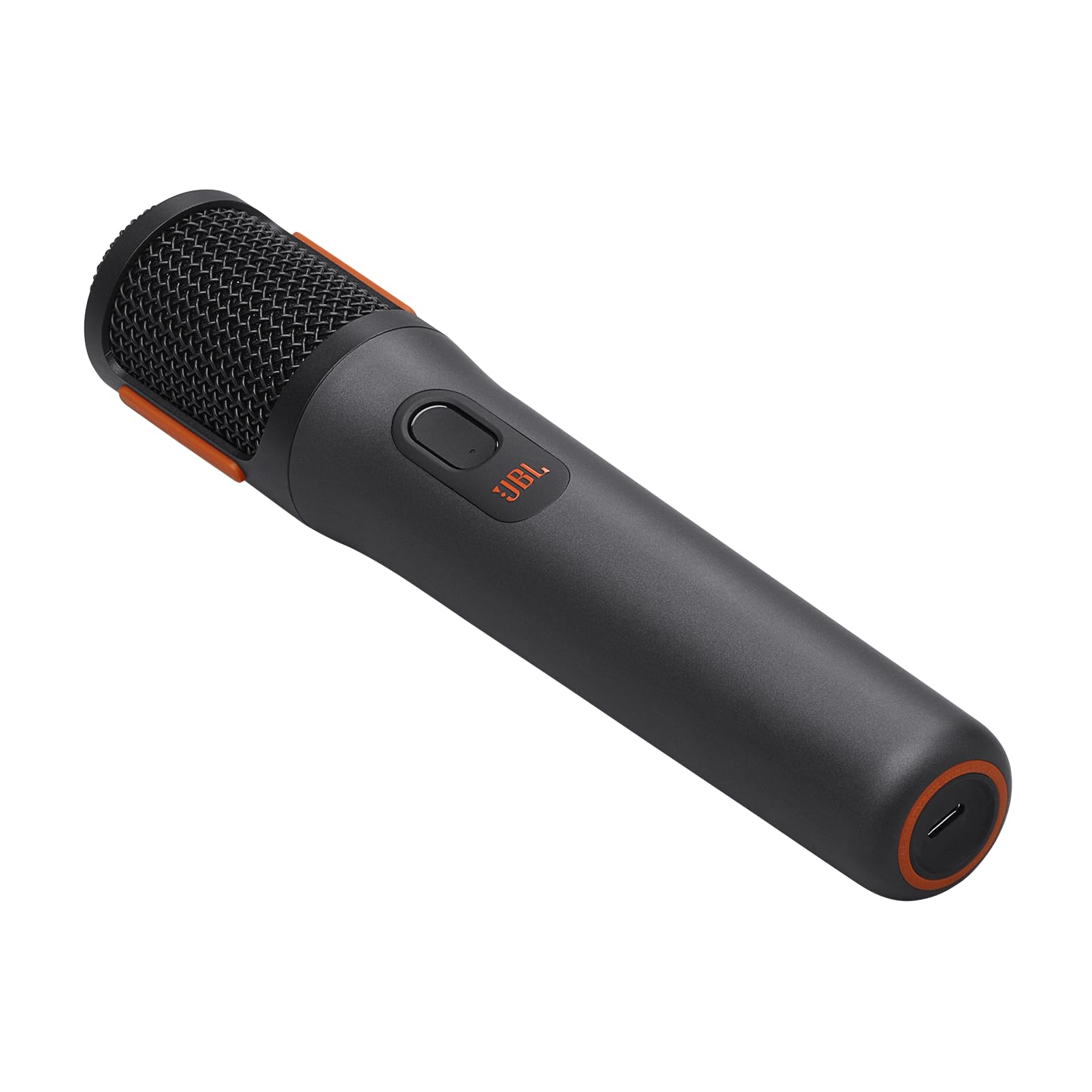 Black handheld microphone with wire-mesh grille and orange ring accent