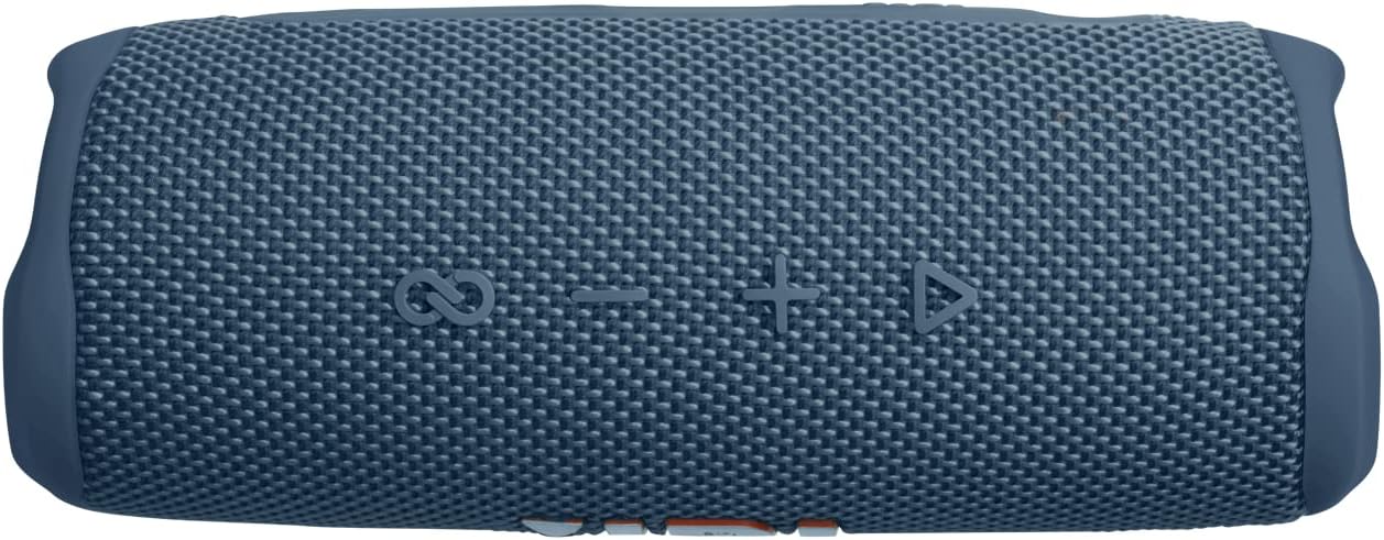 Portable Bluetooth speaker side view with woven mesh texture and JBL logo