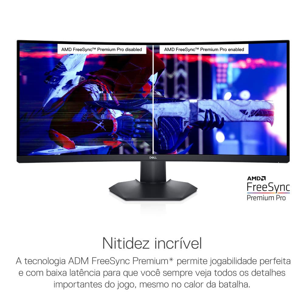 Black curved gaming monitor with stand, split-screen game visuals on display