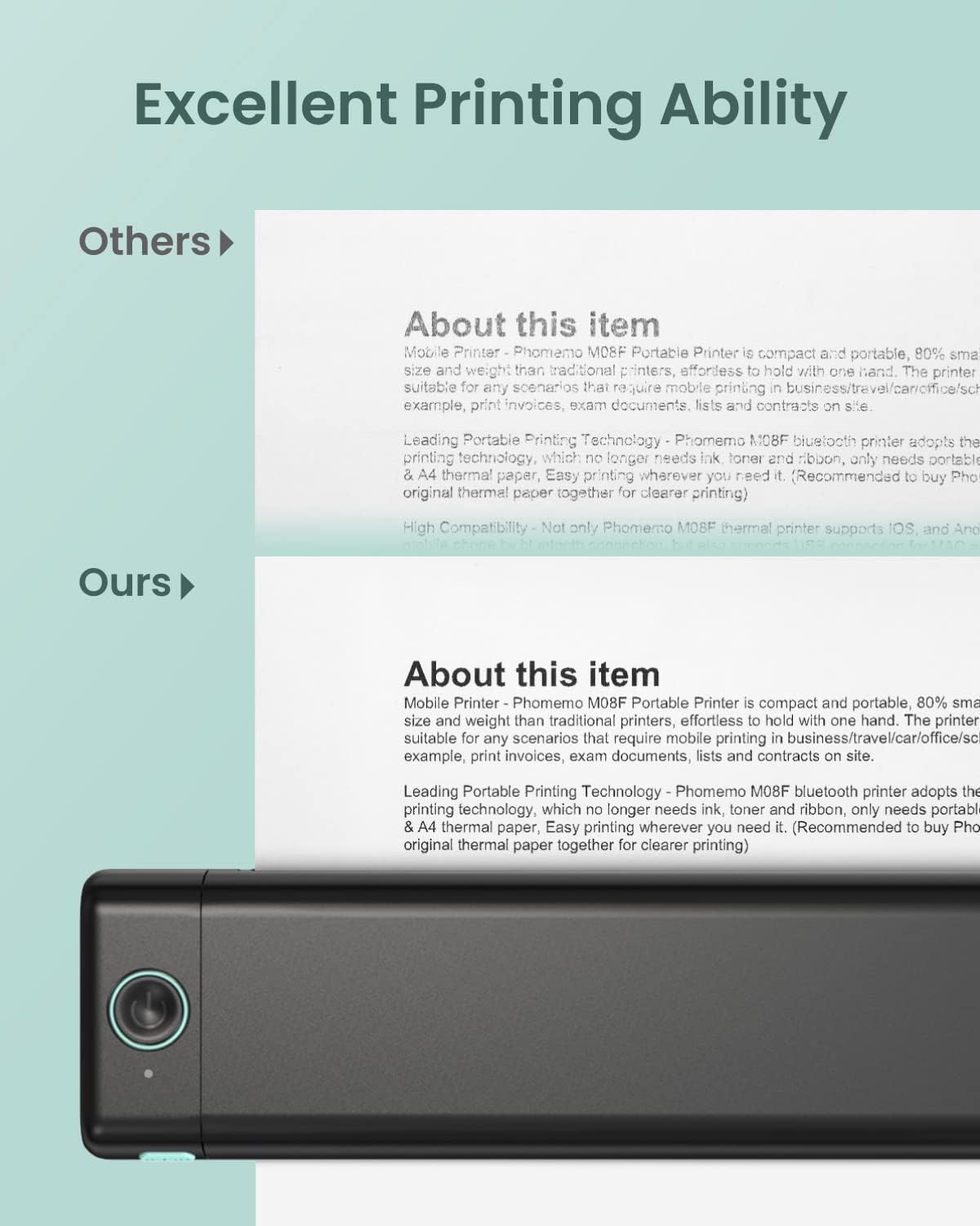 Inkless thermal A4 printer body with front window and teal accents