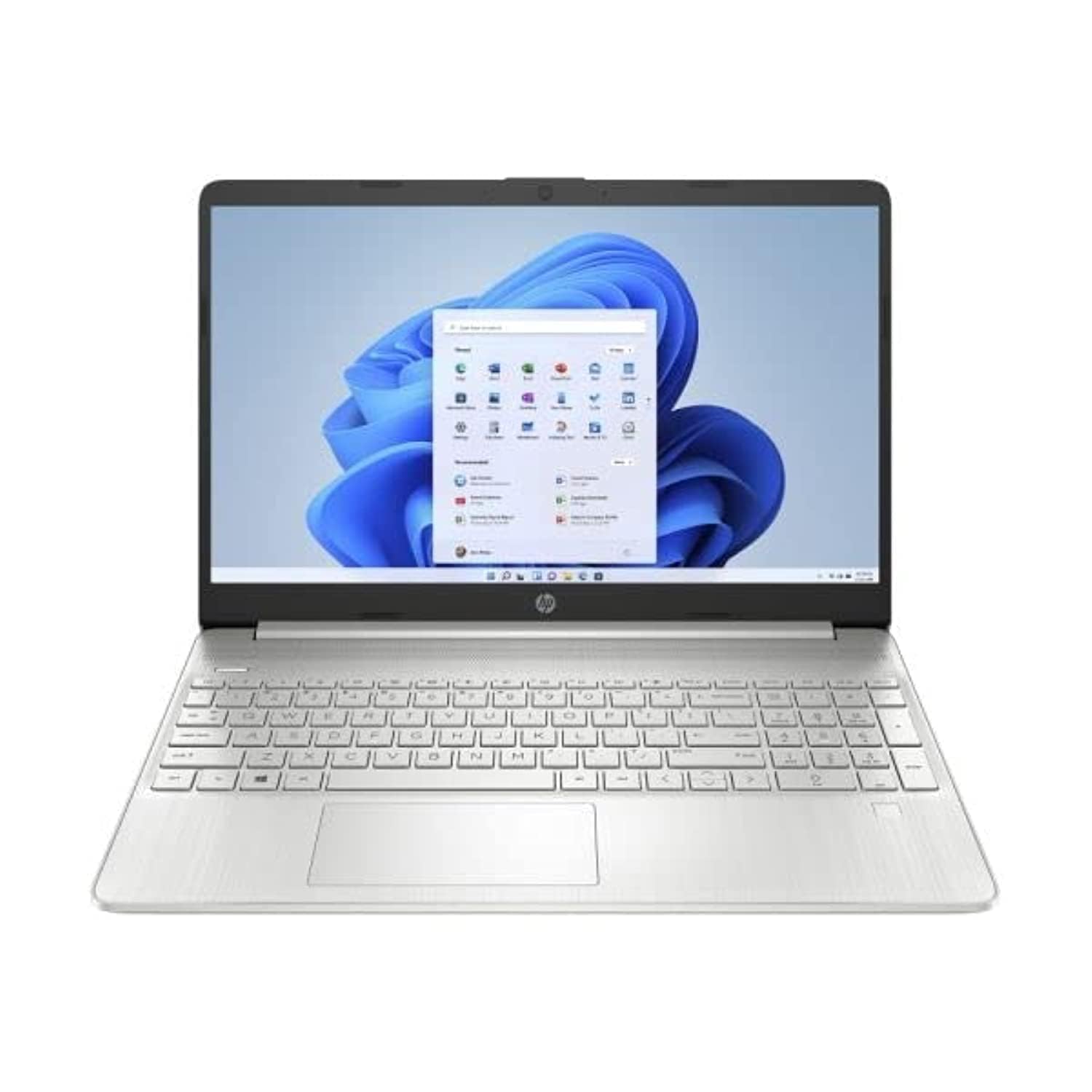 HP 15.6-inch silver laptop with open screen and keyboard, showing webcam area