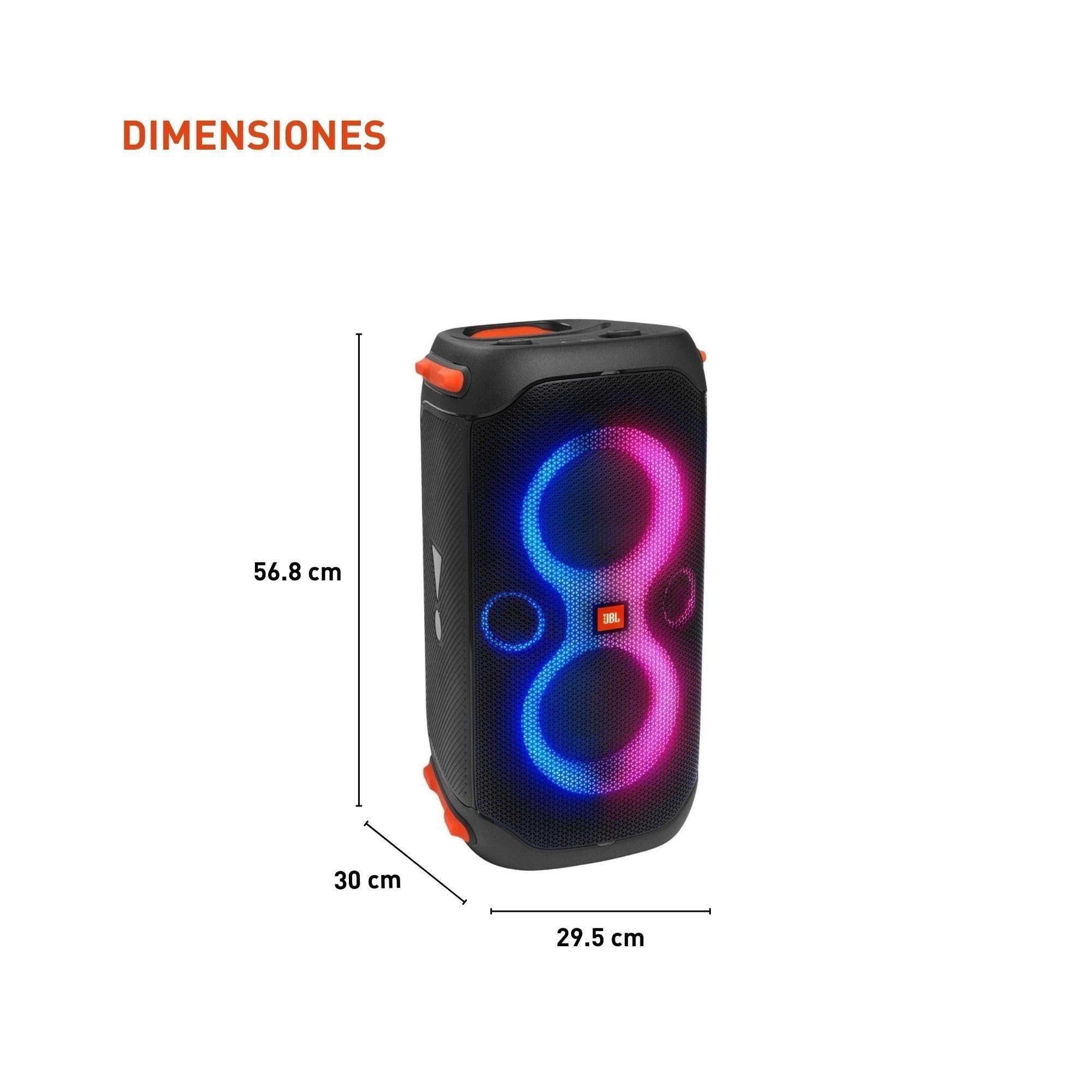 Black portable speaker with front grille and blue-and-pink LED light circles