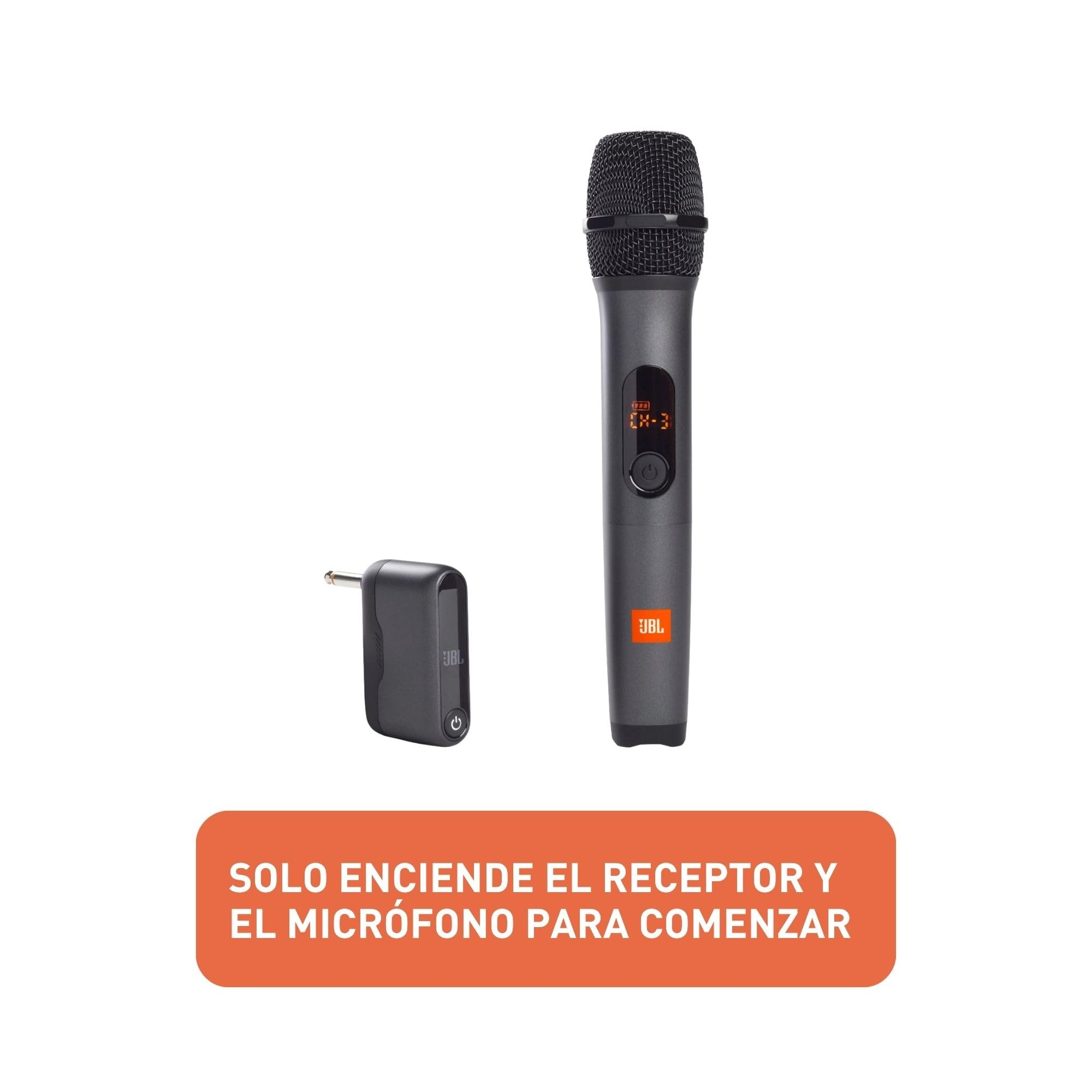 Wireless handheld microphone with small receiver case, black, with JBL branding.