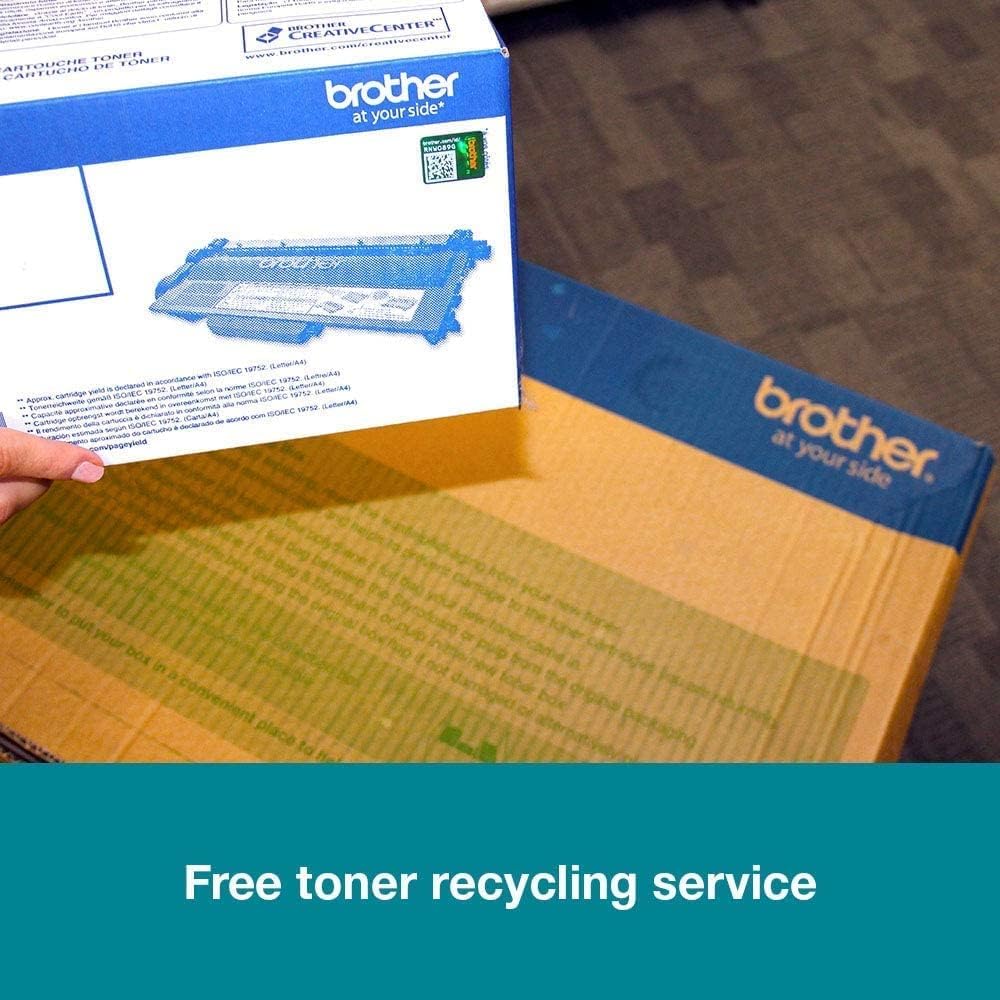 Brother toner cartridge packaging with blue cartridge and a recycling service card