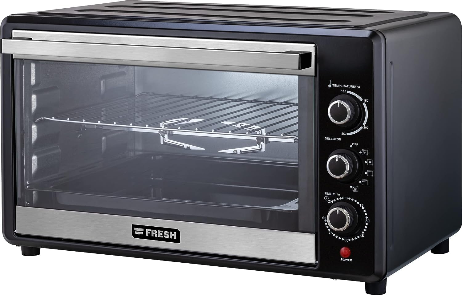 Black countertop electric oven with glass door and three right-side dials