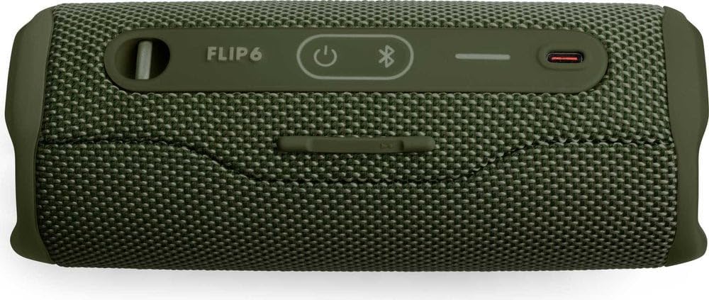 JBL Flip 6 portable speaker, olive green side view with control panel and charging port