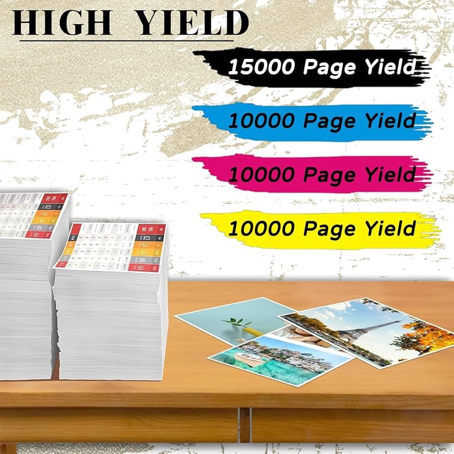 High yield toner boxes with page yield labels in stacked sets and loose cartridges