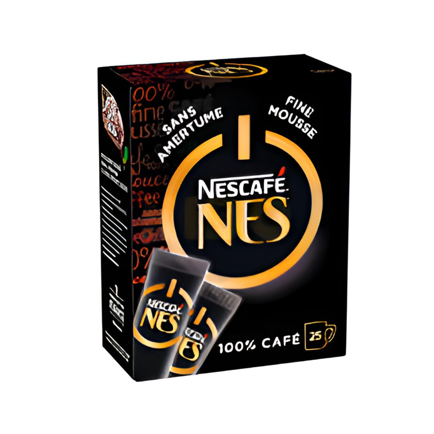 Nescafe Nes instant coffee box with 25 sticks, black and gold packaging