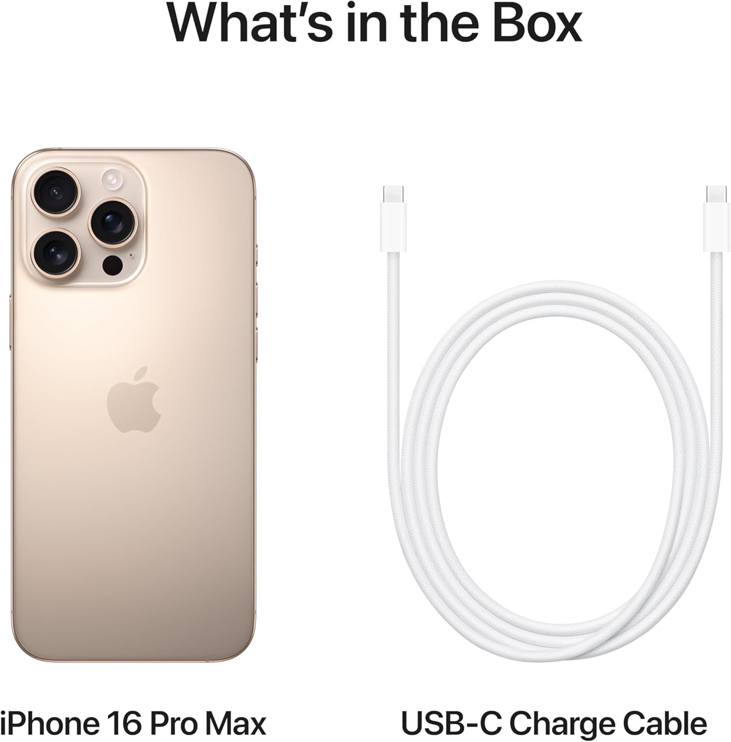 iPhone 16 Pro Max phone with USB-C charge cable in natural titanium, back and cable shown