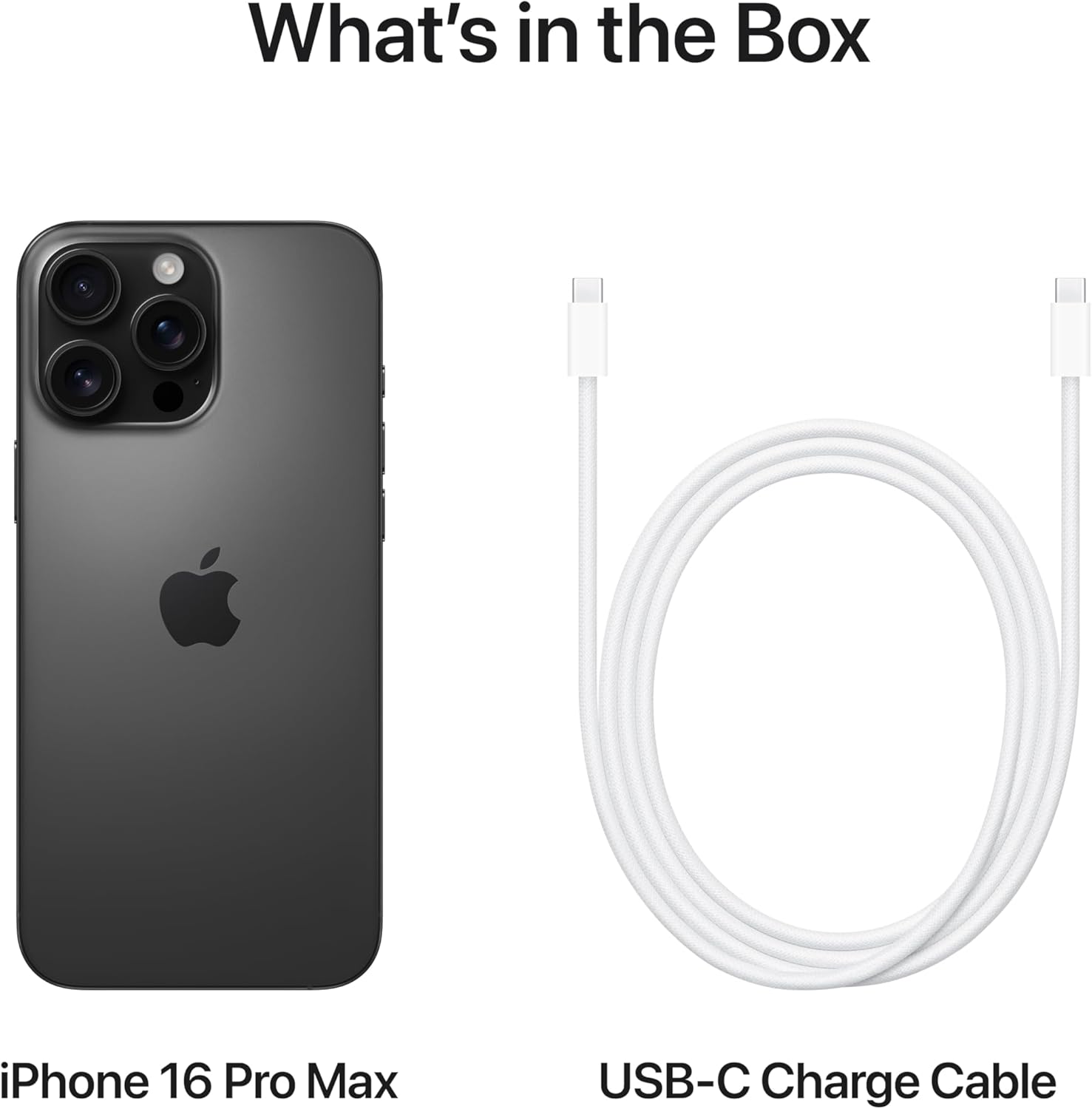 iPhone 16 Pro Max phone with USB-C charge cable in black titanium, front and cable shown