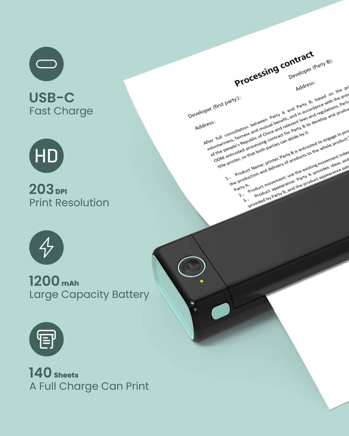 Inkless thermal A4 printer front corner with teal end cap