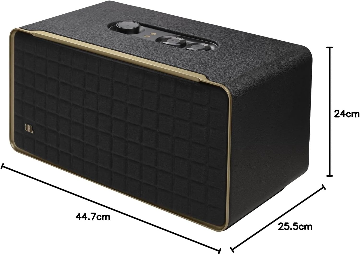 Black JBL speaker with gold trim, shown with 24 cm height and 44.7 cm size