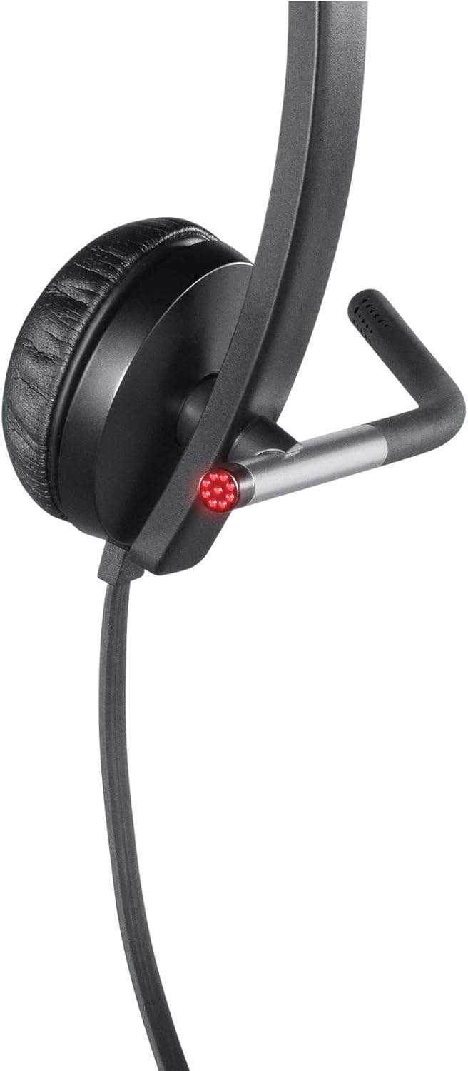 Black earcup with boom microphone tip and small red indicator light