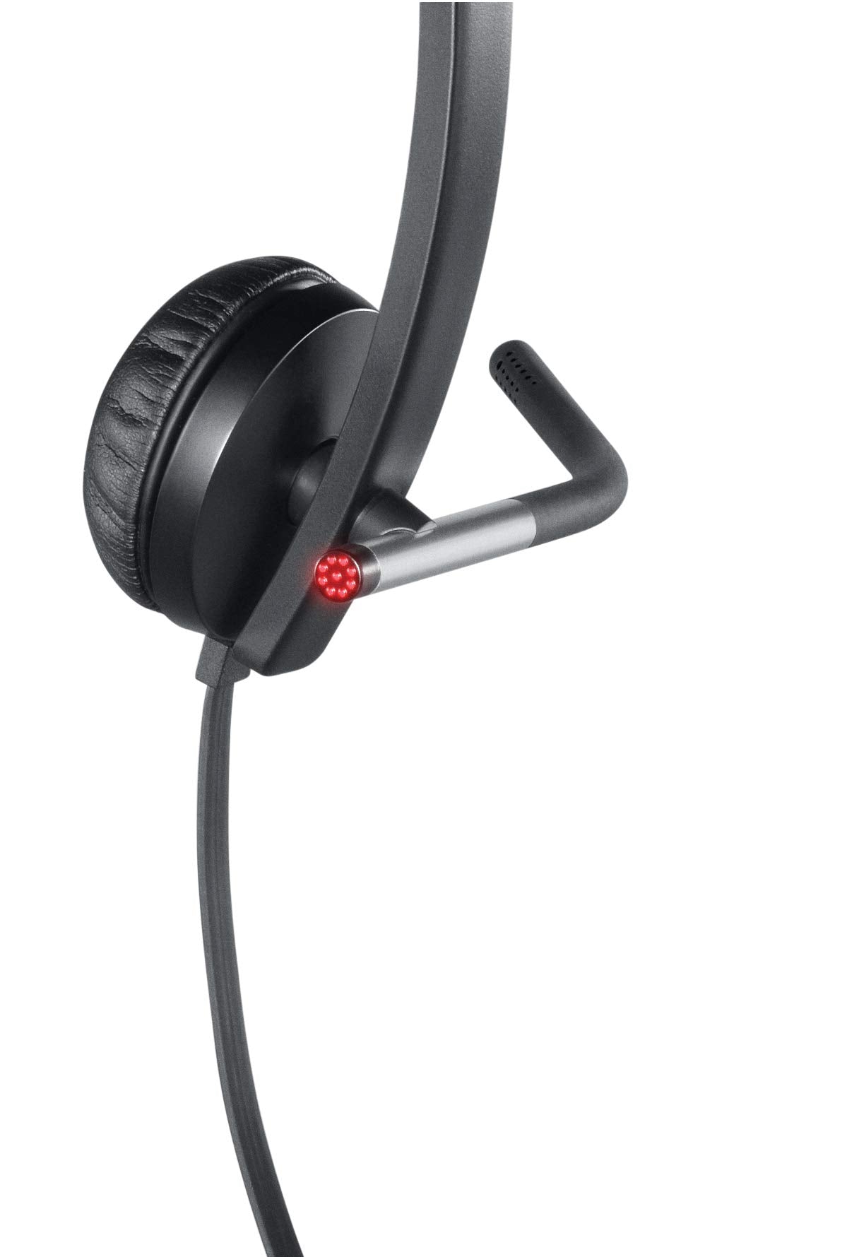 Black earcup and boom microphone with red indicator light on the arm
