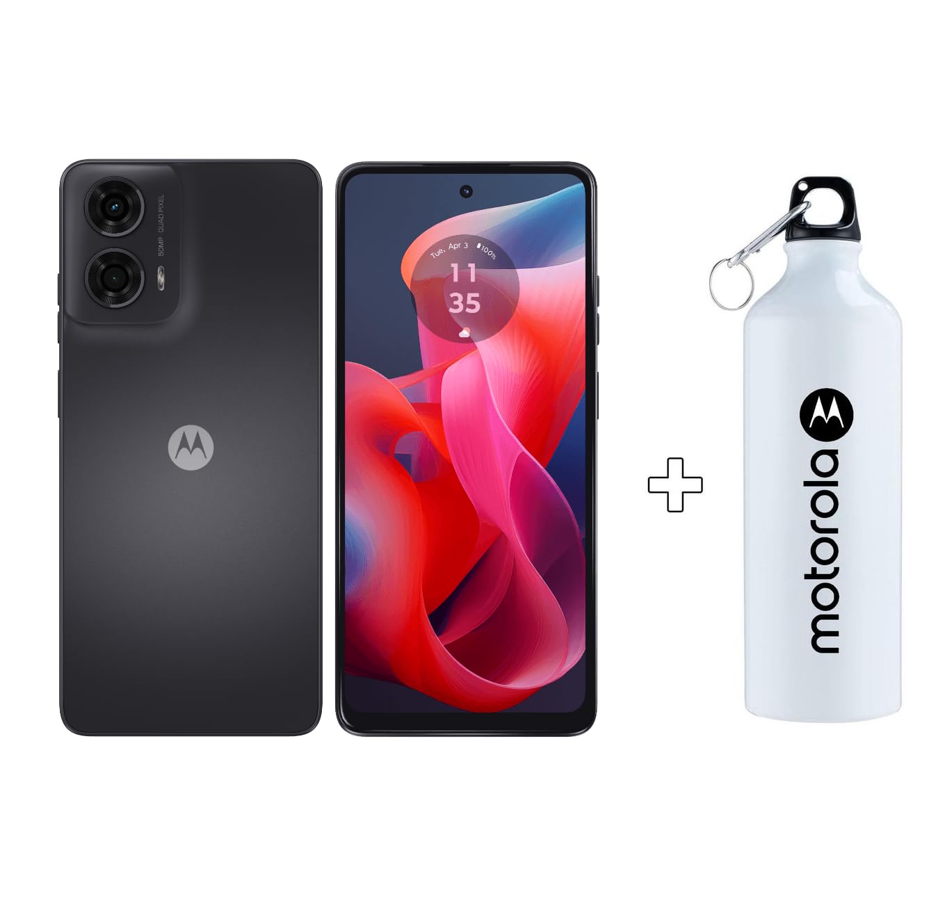 MOTOROLA smartphone in matte charcoal with dual rear cameras and a white gift bottle