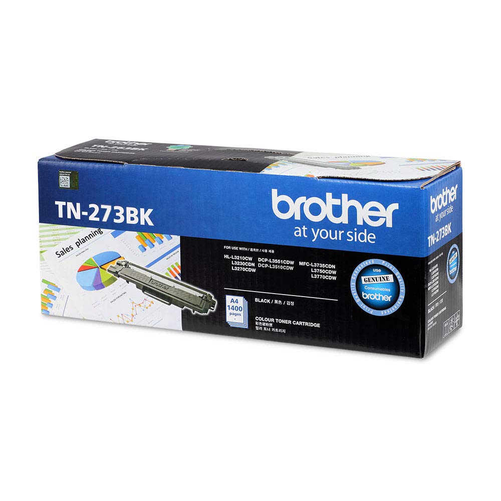Black toner cartridge box labeled TN-273BK, Brother at your side, color toner