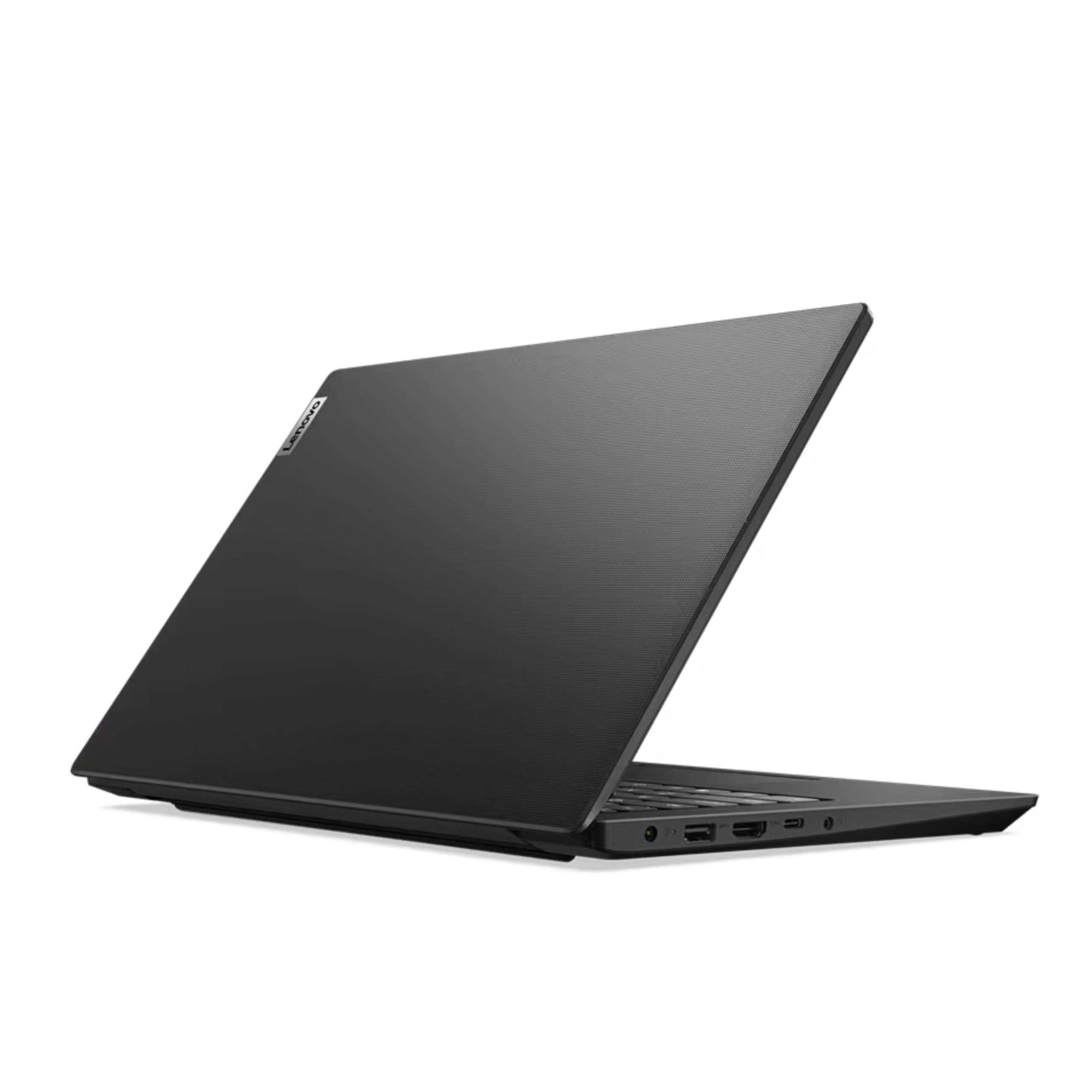 Black Lenovo laptop side view with edge vents and port area