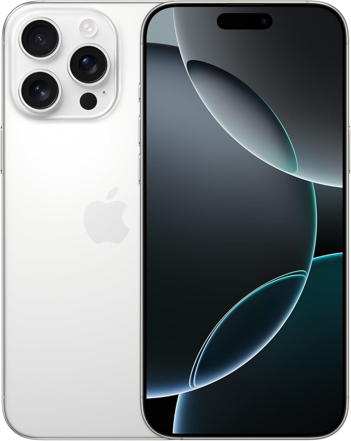 iPhone 16 Pro Max phone in natural titanium, front and back view with triple camera array