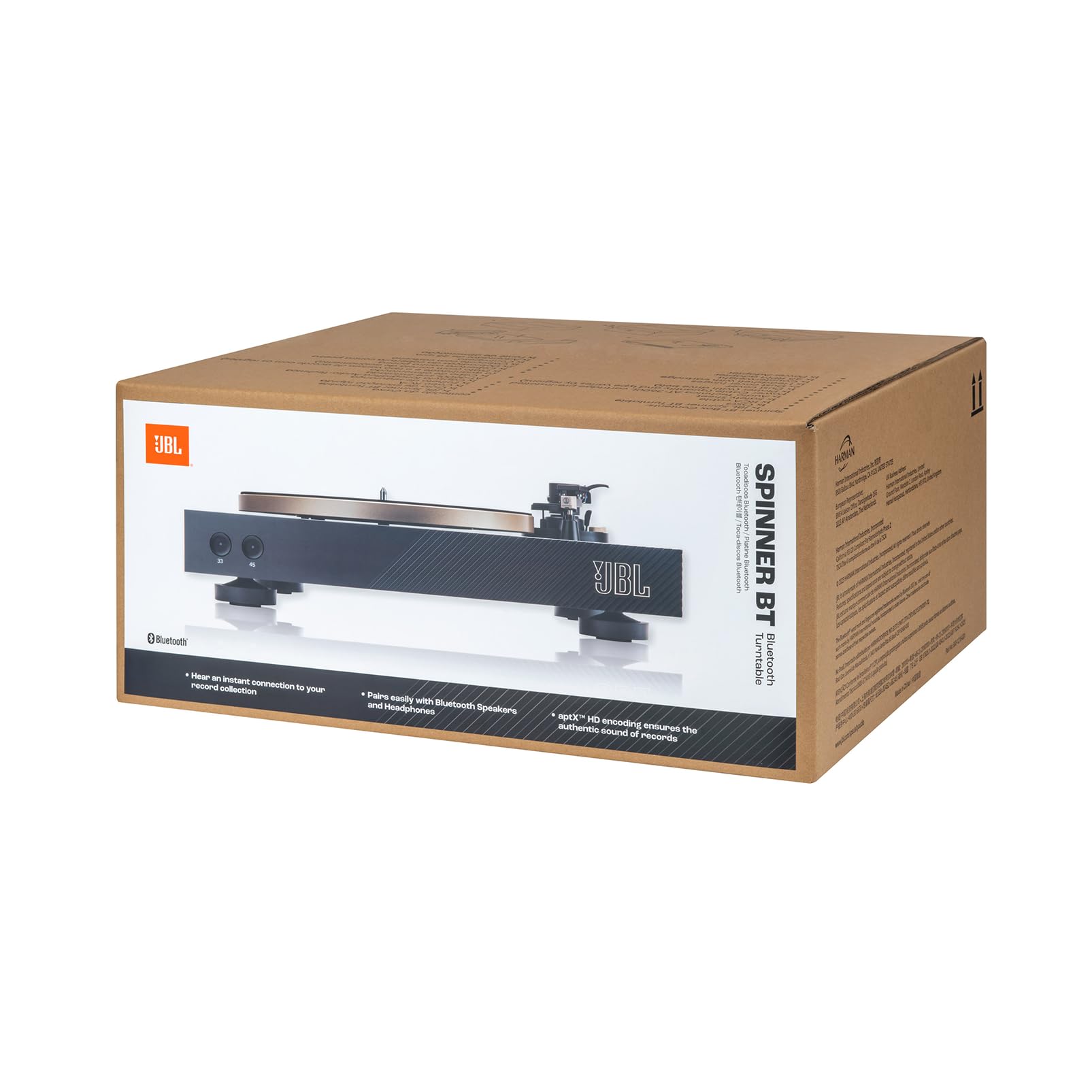 JBL Spinner BT turntable retail box with pictured turntable and accessories