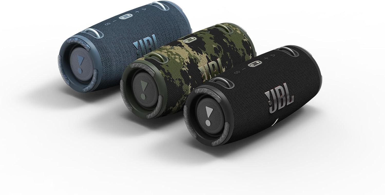 Portable waterproof Bluetooth speakers in camo, blue, and black with end controls