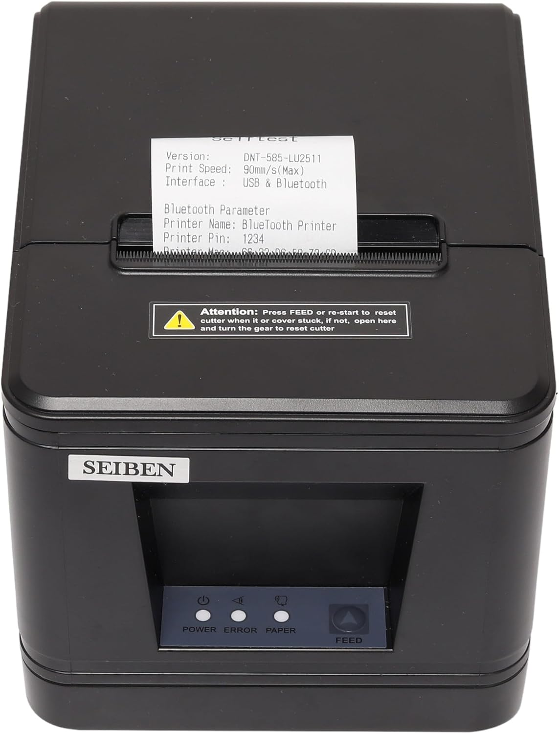Black POS thermal receipt printer rear view with label and power/controls panel