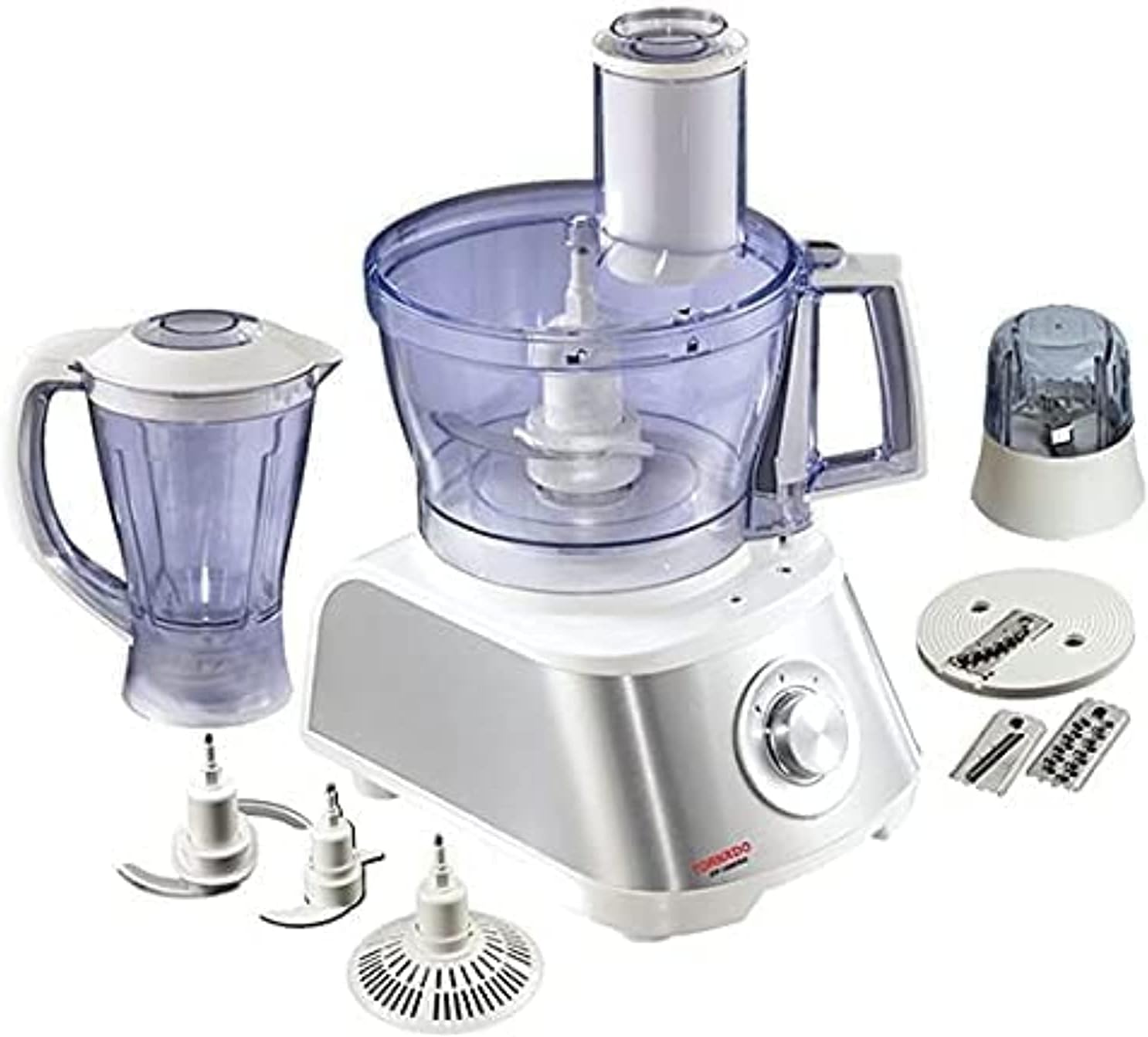 White and silver food processor with clear bowl, lid, and feed tube plus cup