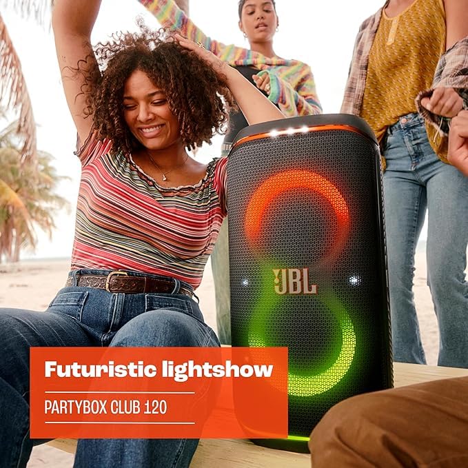 JBL portable Bluetooth speaker with orange and green glow light display